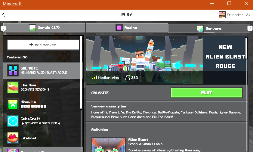 Bedrock servers tab before adding
